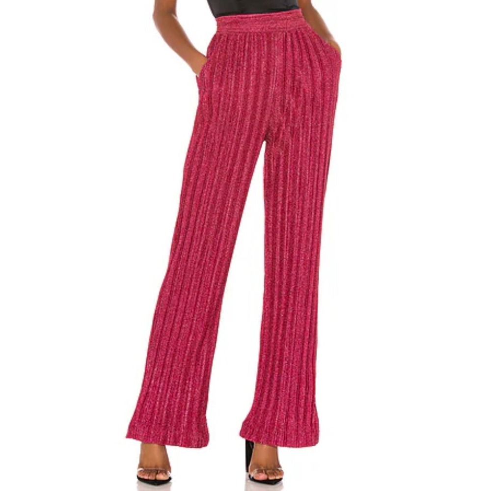 NBD Phiobe Metallic Ribbed Lurex Pants XL Pink Berry Shimmer‎ Party Revolve
